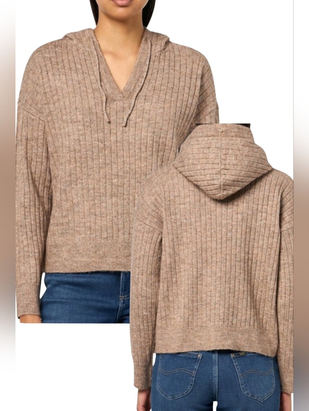 Lucky Brand XL Pullover Ribbed Hoodie Sweater Taupe 3328-k